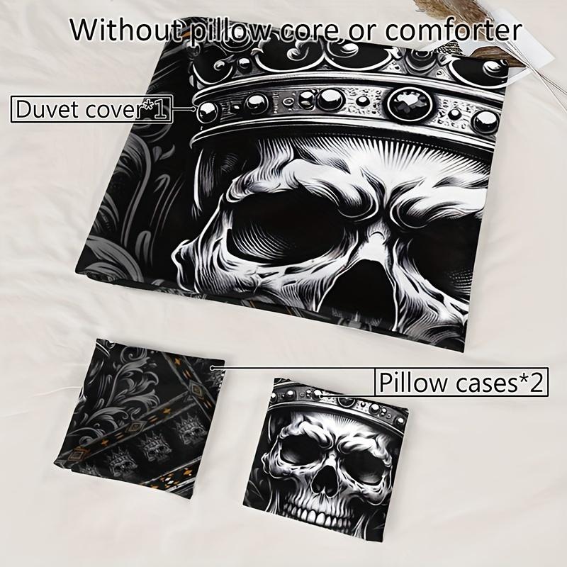 3pcs Skull Crown Pattern Duvet Cover Set, 100% Polyester, Breathable All-Season Bedding, Machine Washable, Digital Print