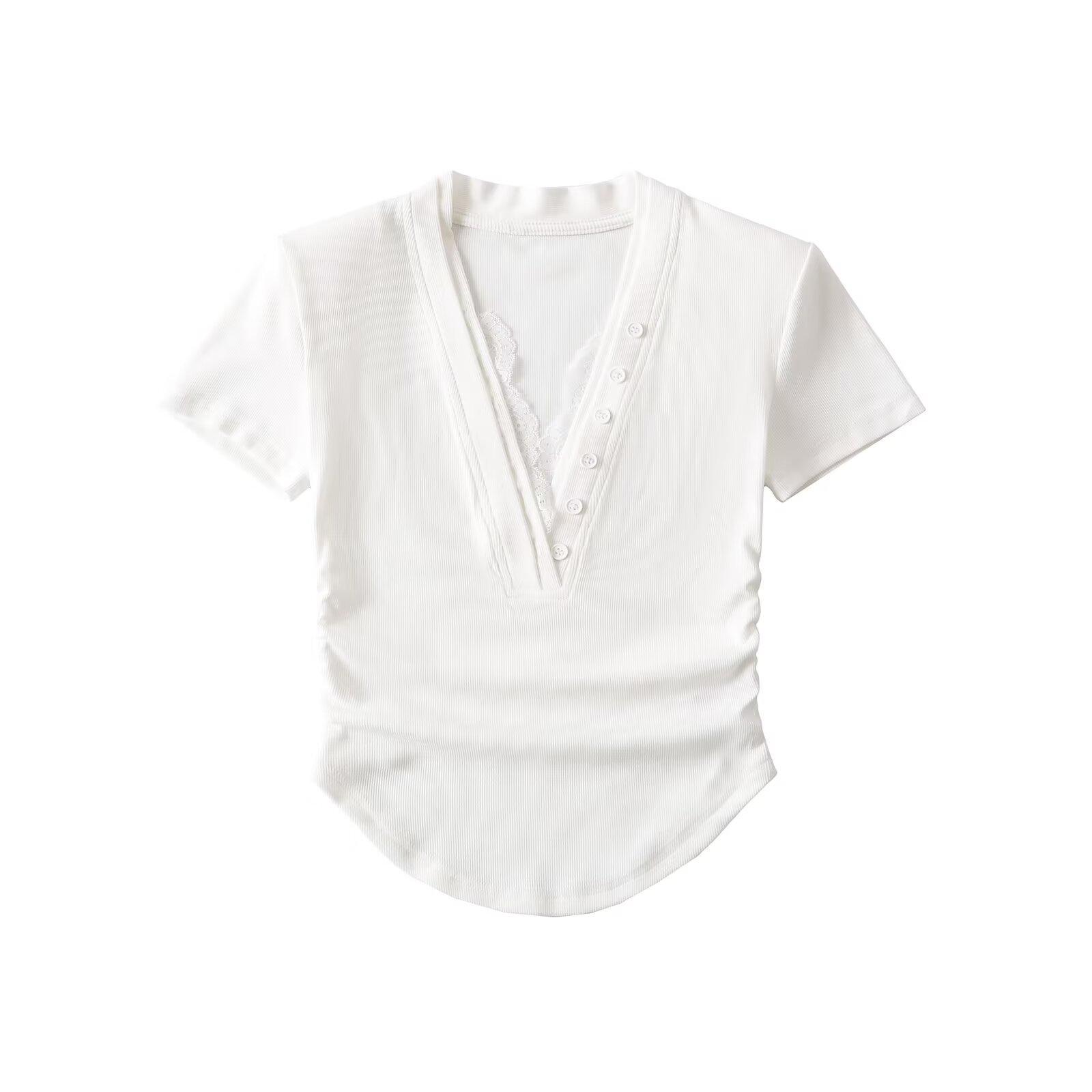 

2025 Spring/Summer Women s Slim-Fit V-Neck Lace Patchwork Ruched T-Shirt Medium белый