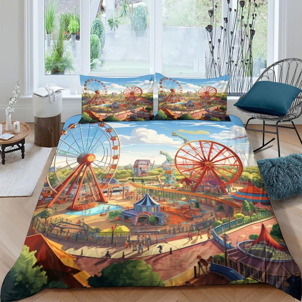 Amusement Park Duvet Cover Set For Kids Boys Girls Lightweight Down Quilt Covers Room Decor 2 Pillowcases 1 Duvet Cover No Quilt