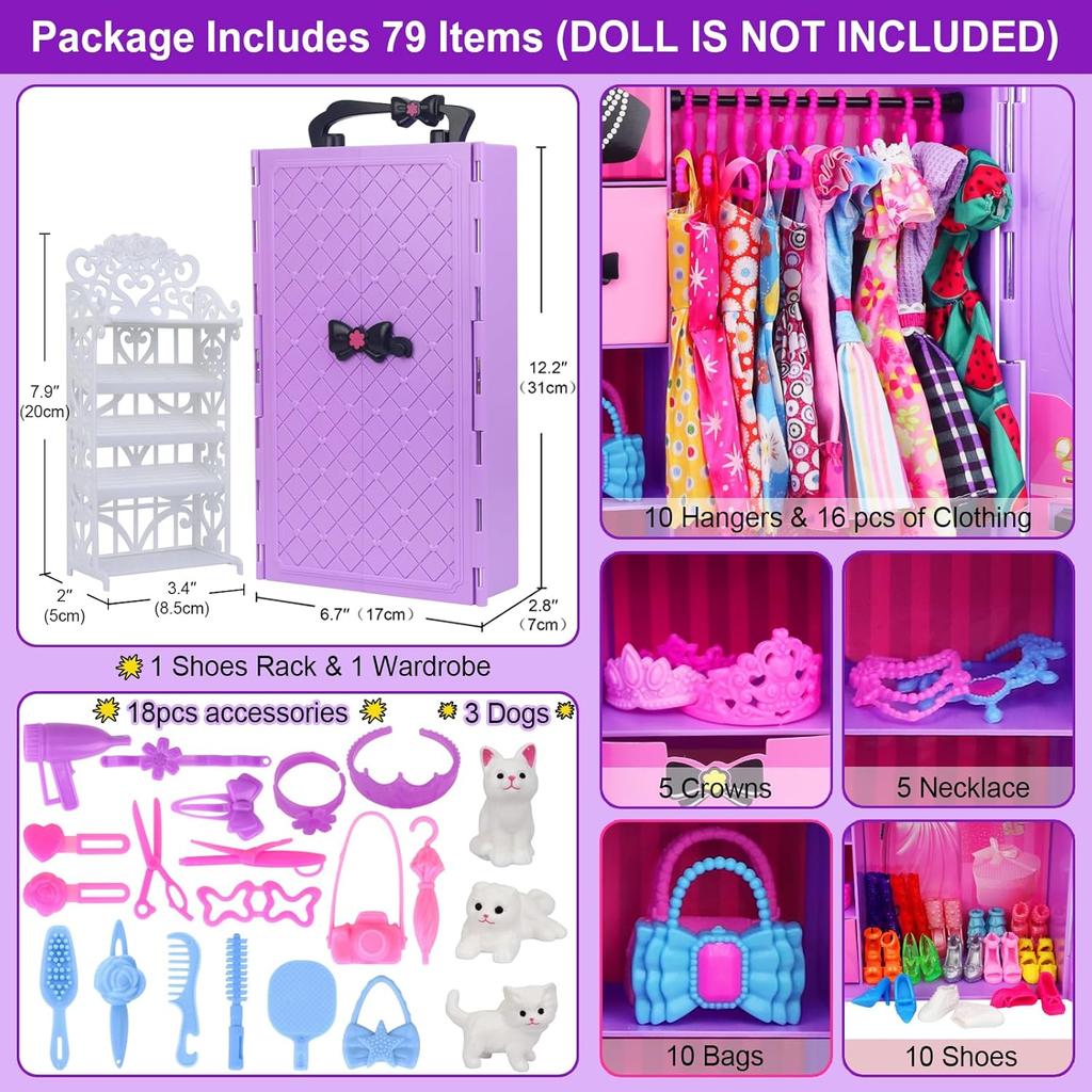 Girl Doll Clothes and Accessories Girl Doll Closet Wardrobe with Clothes, Dresses, Shoes and Other Girl Doll Stuff for 11.5 Inch Girl Doll Clothes as