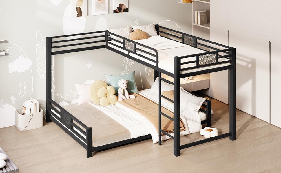 L-förmiges Metall-Etagenbett 90x200 über 140x200, Schwarz