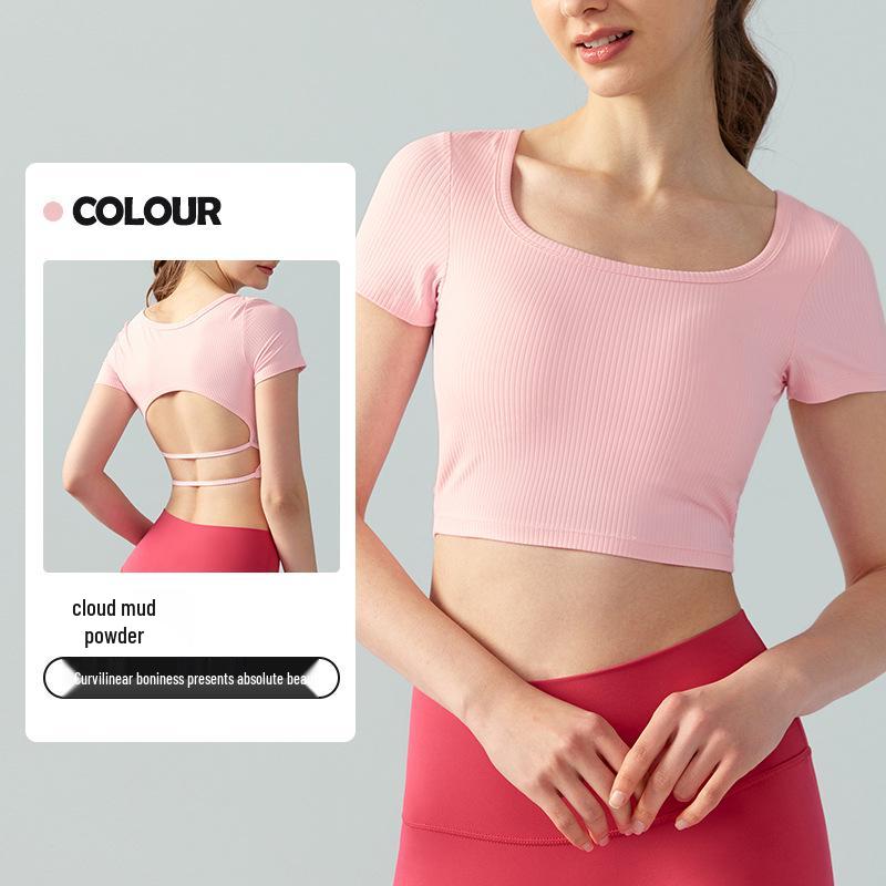 

Женская весенне-летняя футболка с коротким рукавом для йоги с нагрудными вкладышами, квадратным вырезом, сексуальным дизайном без спины - идеально подходит для бега и фитнеса. Large