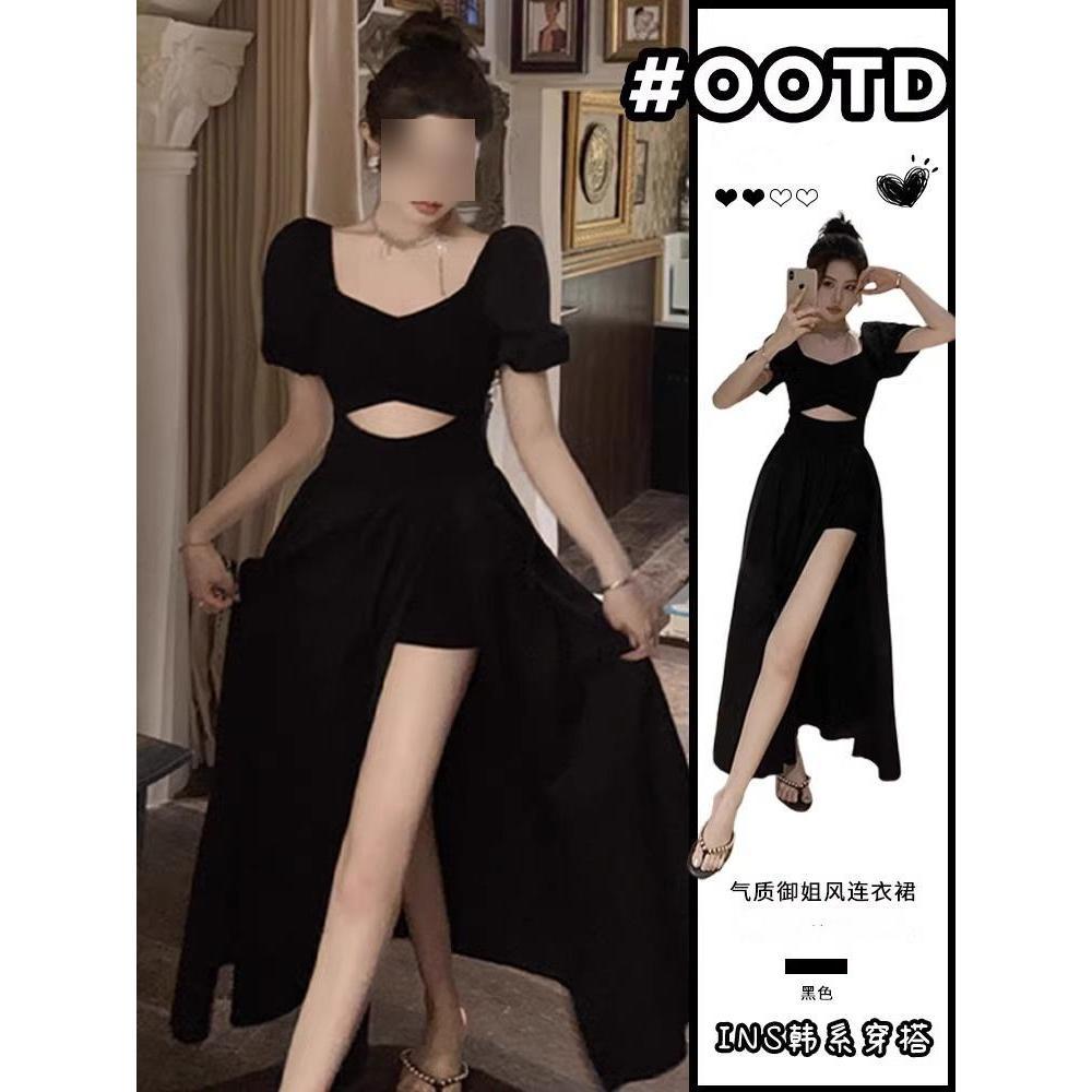 Black dress children's summer new elegant charm versatile waist thin split dress