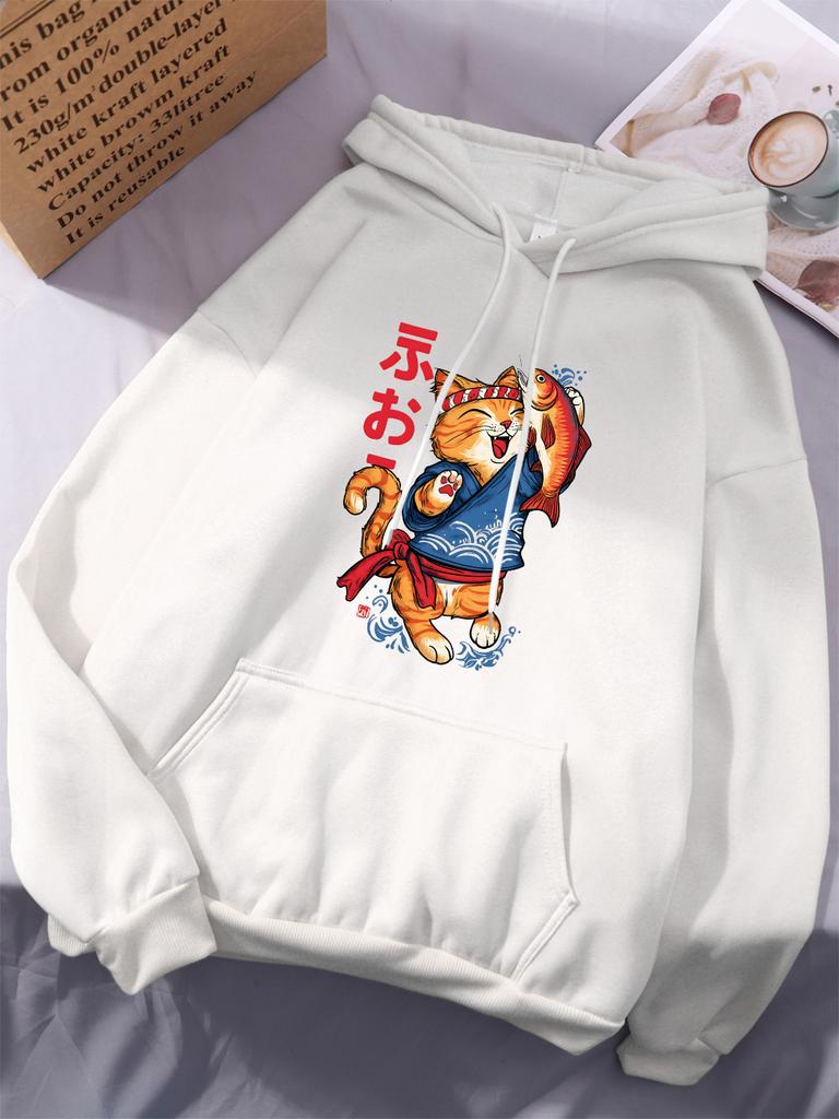 Harajuku Cat Printing Hoodies Women Winter Fleece Warm Pullovers Casual Comfortable Sweatshirts Street Loose Womans Sportswear