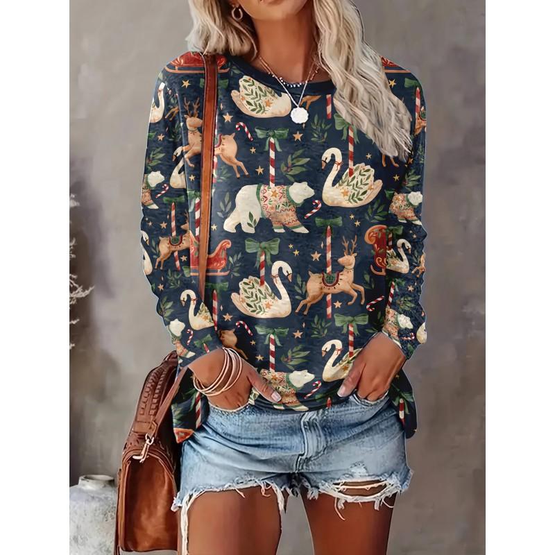 Womens Loose Fit Long Sleeve Round Neck T-Shirt With 3D Dinosaur Christmas Tree Print Milk Silk Fabric