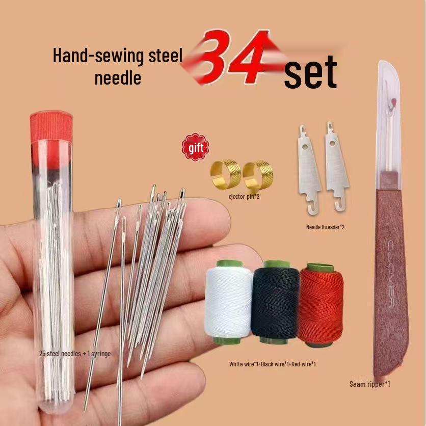 36-Piece Sewing Kit: High-Quality Steel Needles, Seam Ripper, and Five-Color Denim Thread
