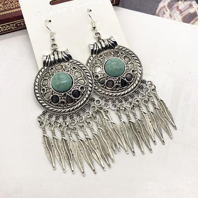 Vintage Indian Style Exaggerated Earrings Large Round Inlaid Turquoise Fringed Earrings Ethnic Style Women's Earrings