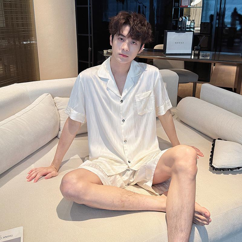 1011 New Couple Ice Silk Summer Black and White Pajamas Can Be Worn Outside High-end Men's and Women's Loungewear Suit