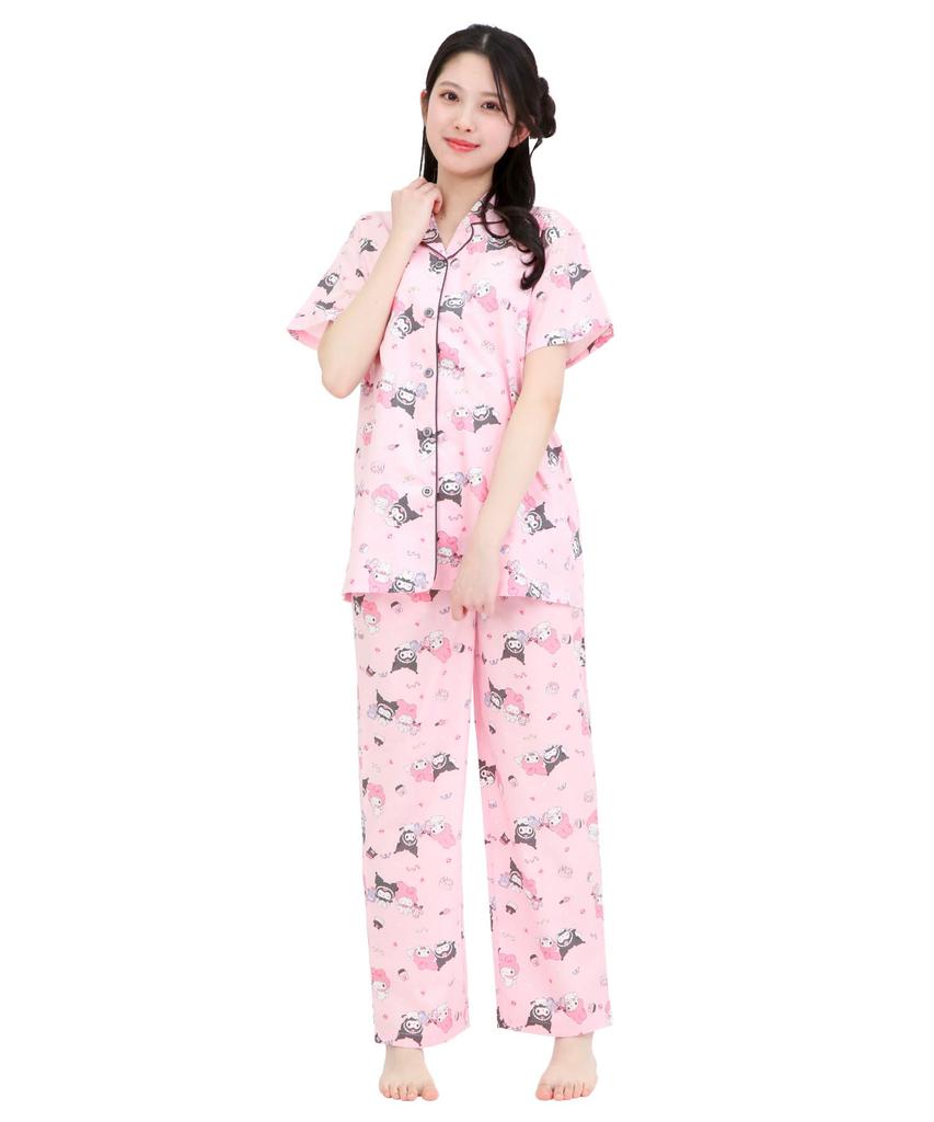 SAZAC Angel My Melody x Kuromi Shirt Cotton Short Sleeve and Long Pants Loungewear Pajamas, 100% Broadcloth, Women's Set, (Pink/M/SAN1947)