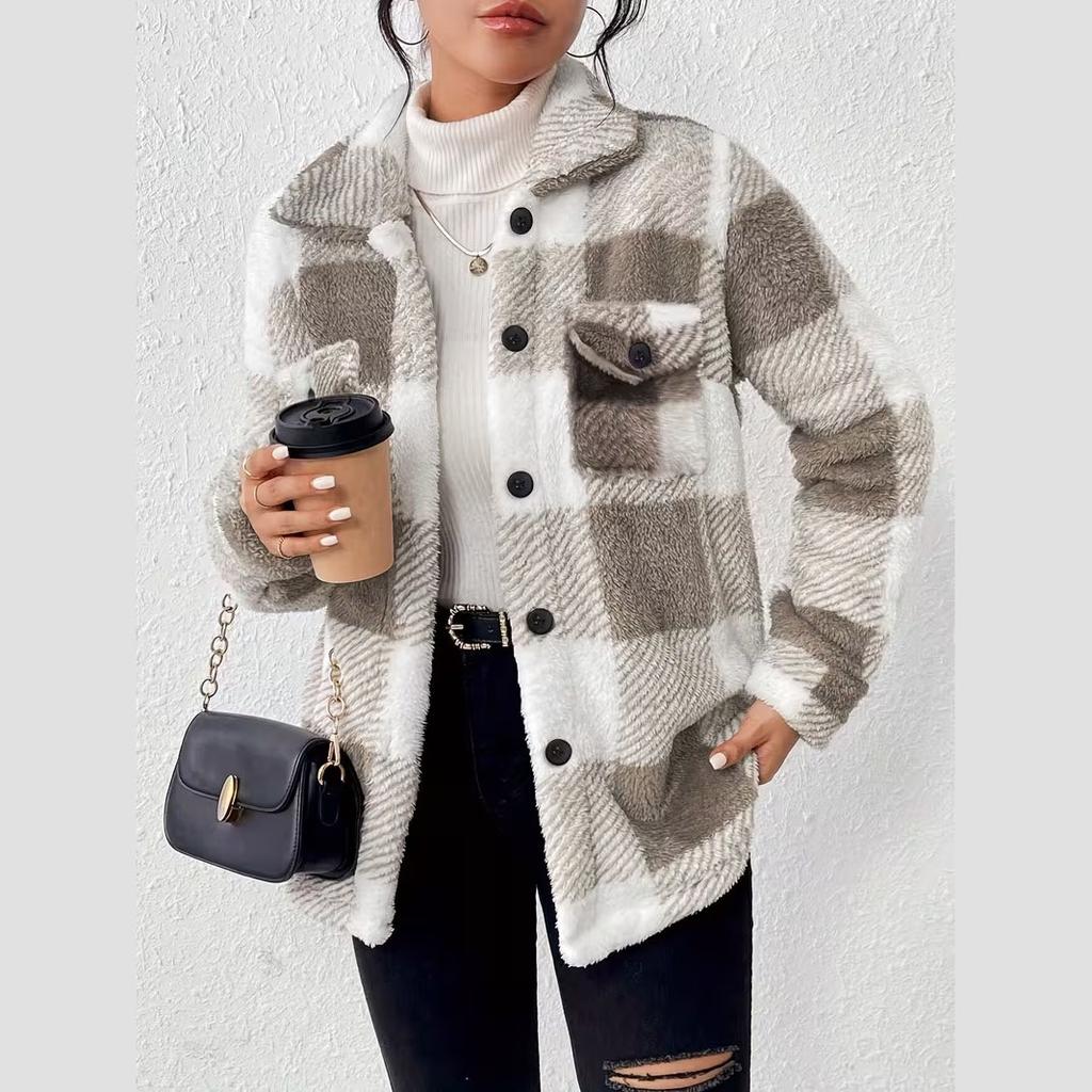 2026 New Elegant Fleece Coat with Pockets Minimalist Plaid Button-Down Jacket for Women
