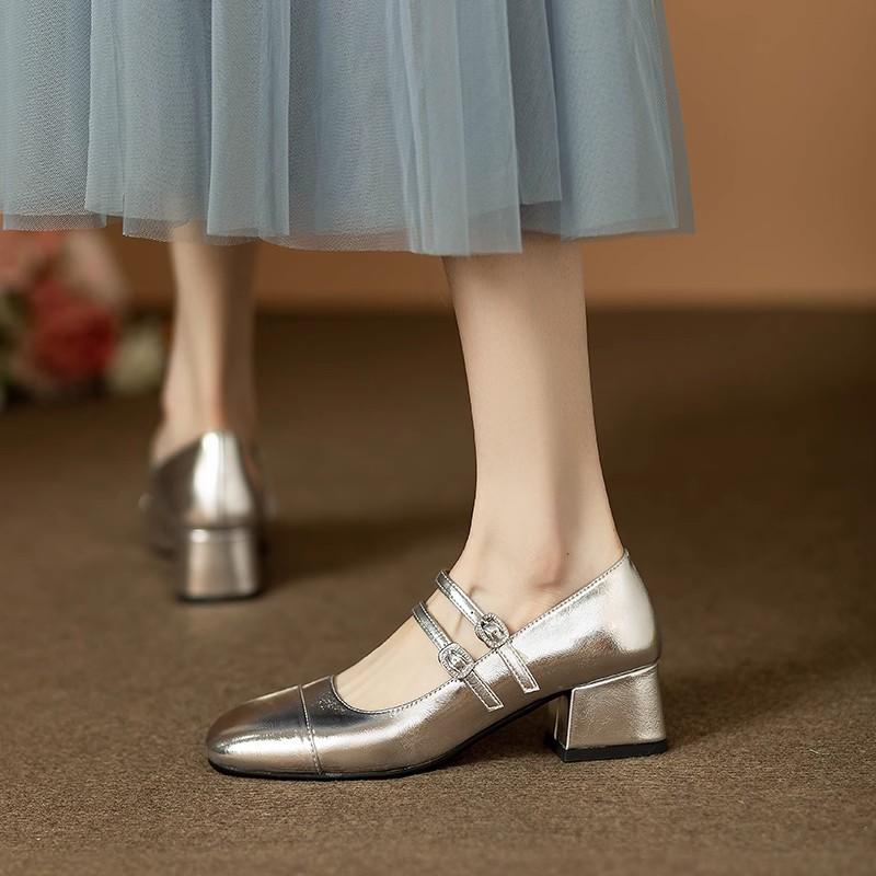 Fashion 2025 New Women's Shoes Luxury Square Toe Ladies Mary Jane Shoes High Quality Double Buckle High Heel Fashion Women Ballet Shoes