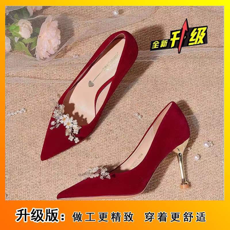 

French stiletto wedding shoes 2025 new female wedding bride shoes show clothes wedding dress two wear red high heels 35