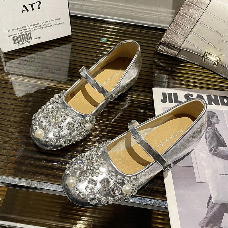French Fairy Style Silver Bright Diamond Mary Jane Shoes Female Spring and Autumn 2025 New with Skirt Flat Heel Shoes