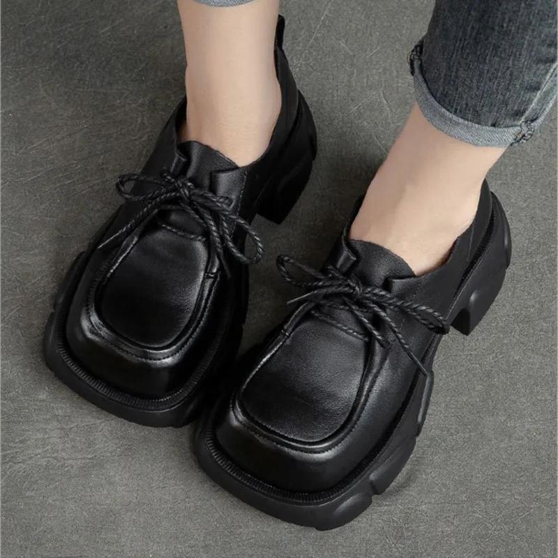 2026 Autumn New Genuine Leather Pumps Thick Sole Loafers Square Toe Lace Up Versatile Leisure Women's Shoes