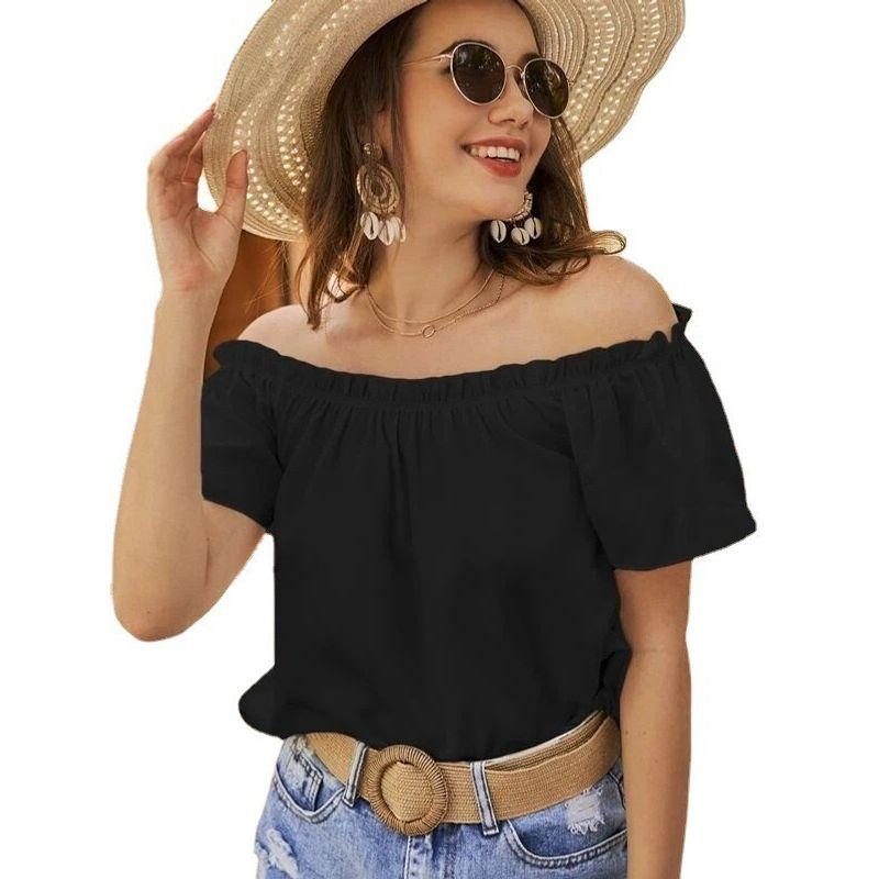 

Solid Color One Neck Short Sleeve Top Pure Color off-Neck Short Sleeve Tops Black L