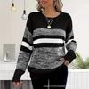 Womens Striped Color Block Crew Neck Loose Long Sleeve Knit Sweater