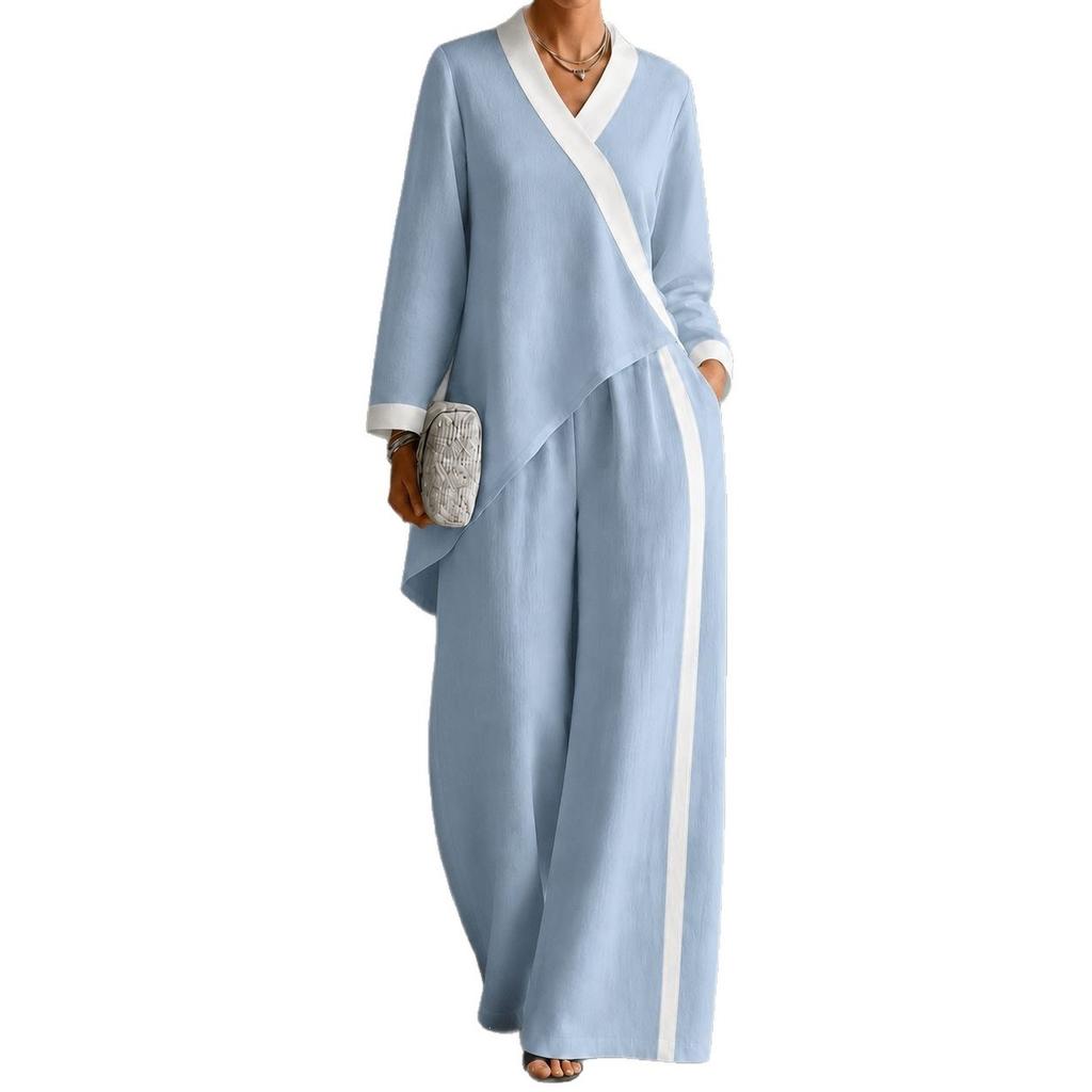2026 Autumn Women's Clothing Popular Contrasting Color V-neck Irregular Top Wide-leg Pants Loose Casual Suit