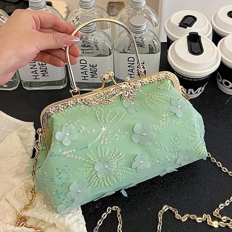 Luxury Appliques Sequins Handbags for Women Wedding Party Clutch  Chain Messenger Bags Metal Hasp Totes  White Gold Purse