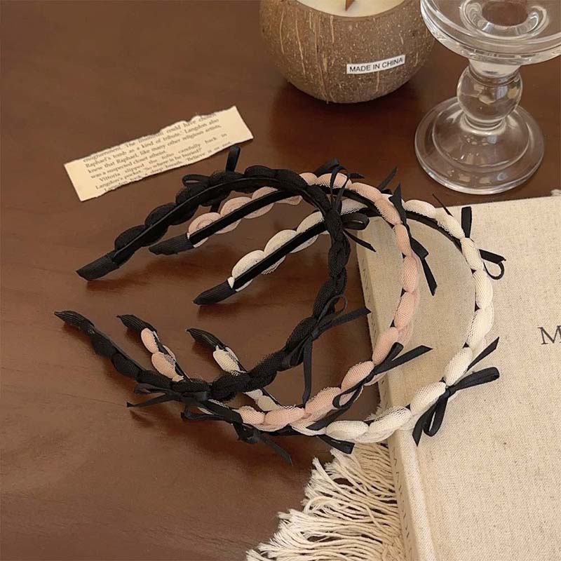 Korean Black Ribbon Bow Bezel Headbands for Women Girls Sweet Thin Edge Lace Mesh Hair Bands Hairband Hair Accessories