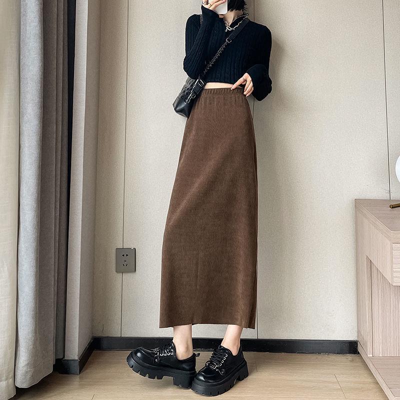 Kaffee-Cordripp-Midi-Rock mit Schlitz - High-Waist Schlankmacher (Koreanischer Stil, Herbst/Winter)