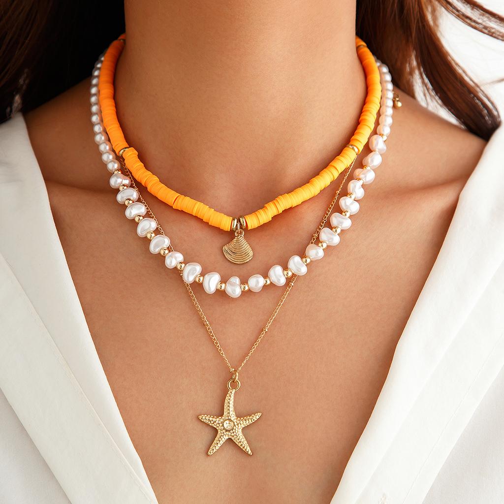 Ingemark 3Pcs Creative Heart Imitation Pearl Polymer Clay Chain Necklace Boho Metal Conch Starfish Pendant Choker Y2K Jewelry