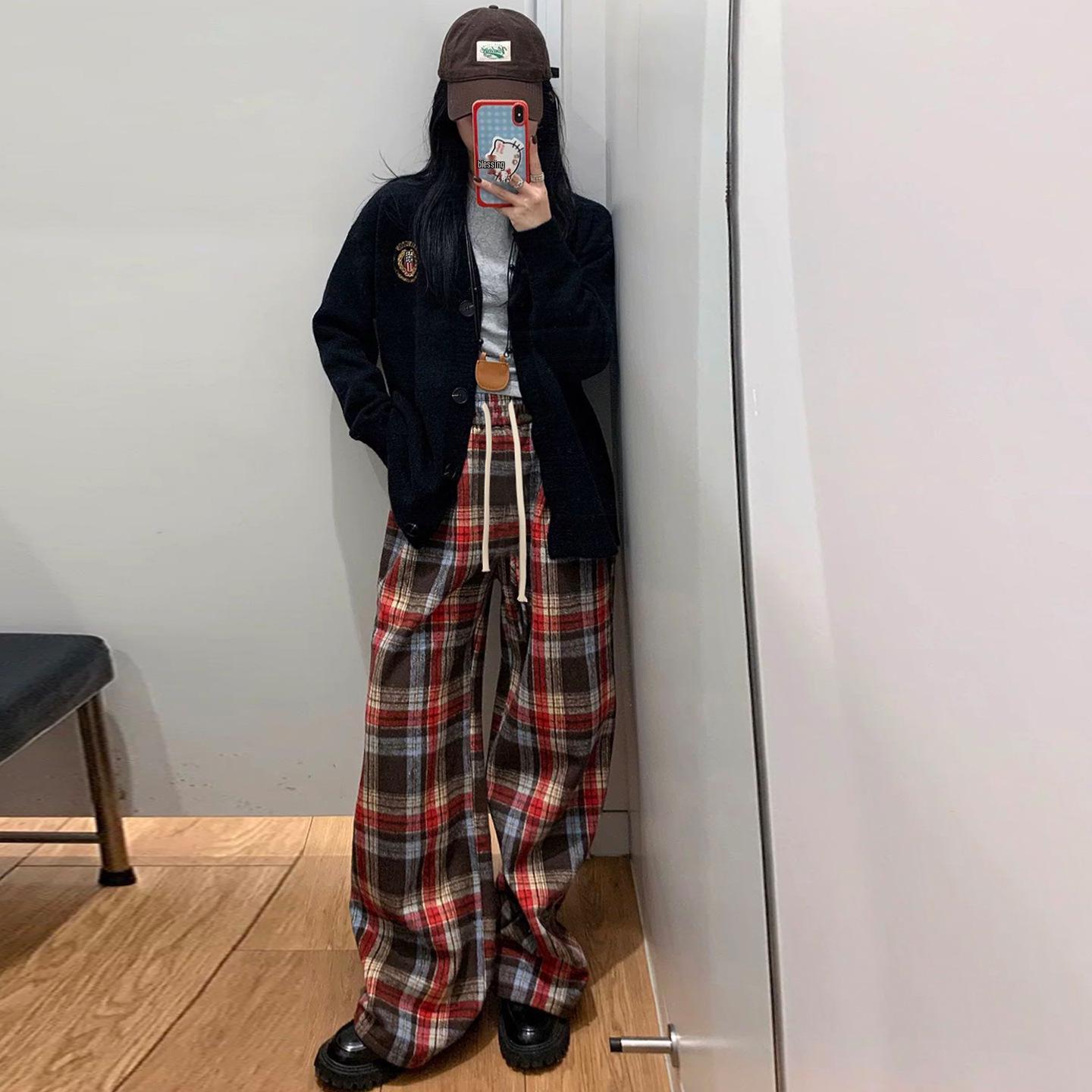 Women s Retro Lazy Style Dark Blue Plaid Woolen Wide-Leg Pants, Autumn Winter 2025, Plus Velvet, Loose Straight Fit. Medium