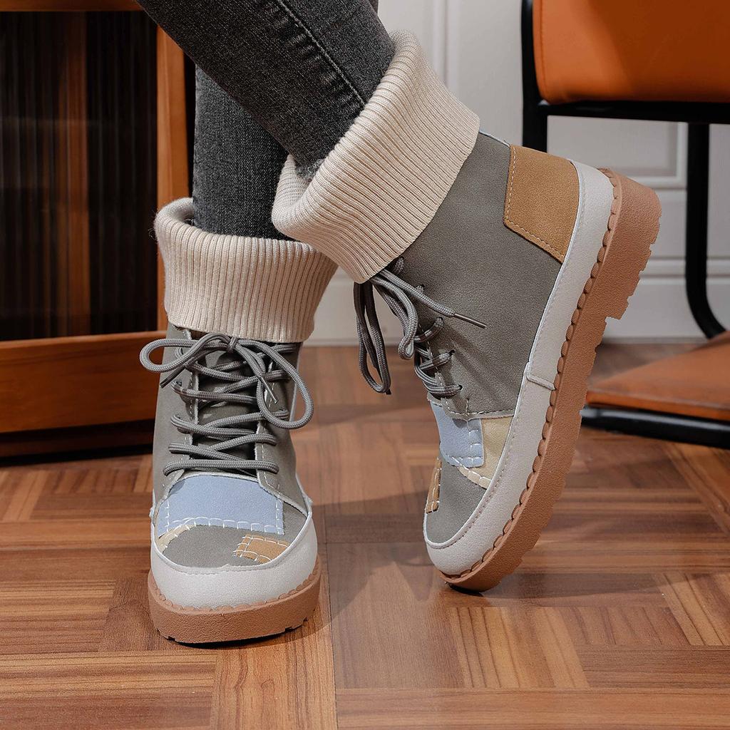Plus Size Patchwork Martin Boots,Round Toe Mid-Calf Knit Collar Ankle Boots Women