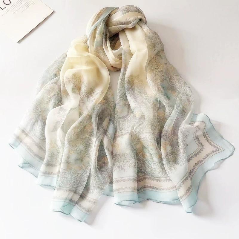 Spring Summer Women Large-size Printed Beach Shawls Muslim Hijabs Travel Thin Sunscreen Scarf/Scarves 100% Silk Beach Scarf