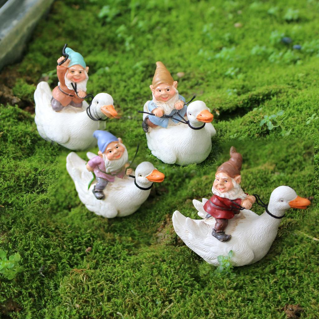 4-piece set of resin crafts for duck riding dwarves, garden flower pots and bonsai statues in the courtyard, decorative statues