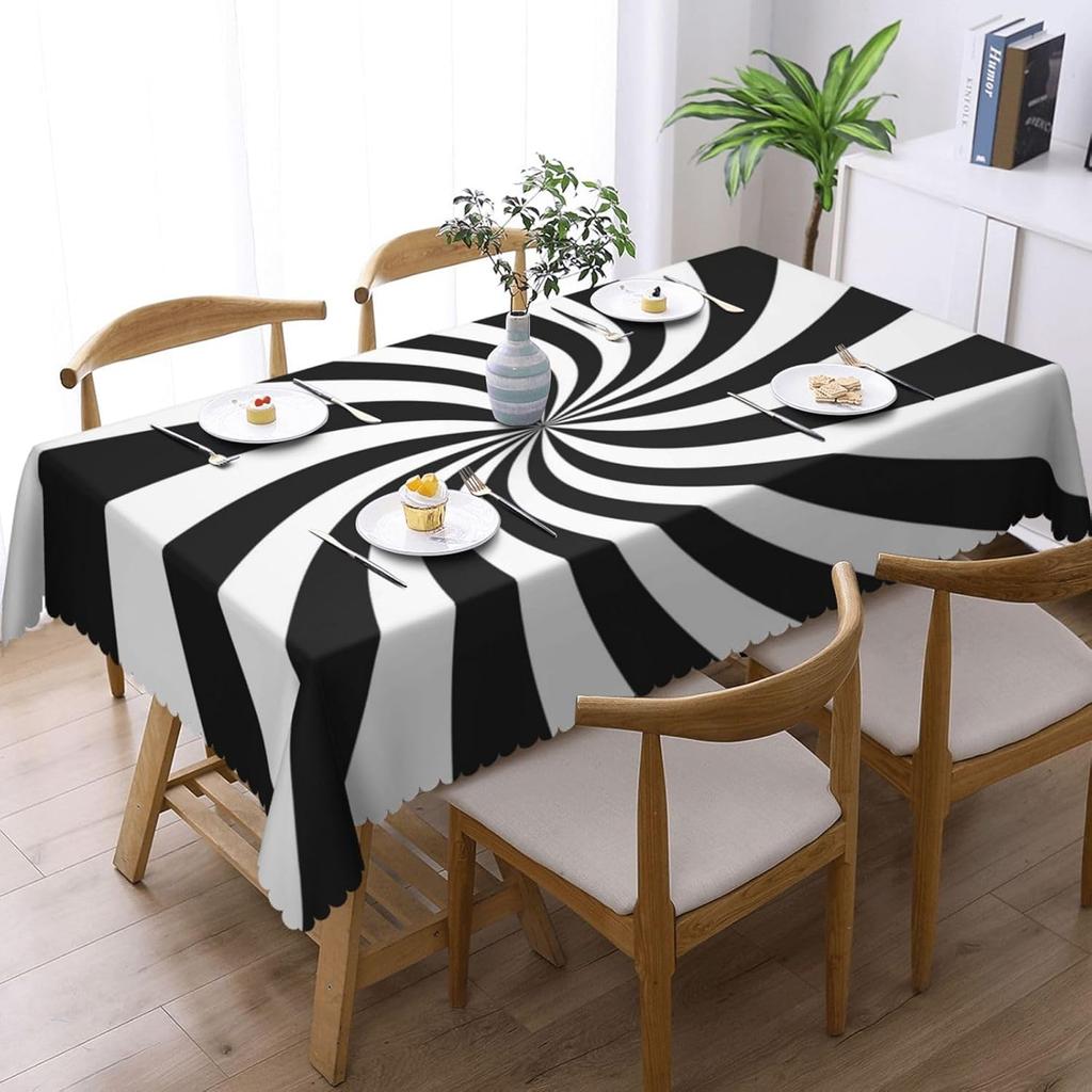 Funny Swirl Stripes Black White Tablecloth, Modern Geometric Rectangular Washable Table Cover for Dining Kitchen Party