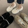 fashion Women's Wool Shoes Cross Fluffy Casual Concise Warm Short Plush Flats 2024 Fashion Diamond Pearl Accessories Lazy Shoes Winter