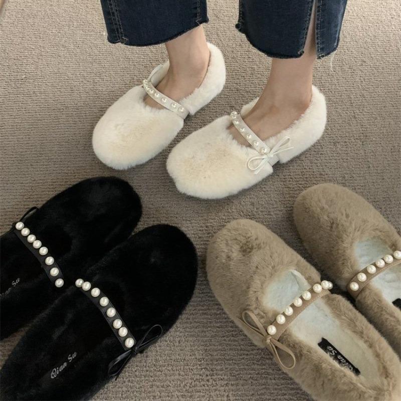 fashion Women's Wool Shoes Cross Fluffy Casual Concise Warm Short Plush Flats 2024 Fashion Diamond Pearl Accessories Lazy Shoes Winter