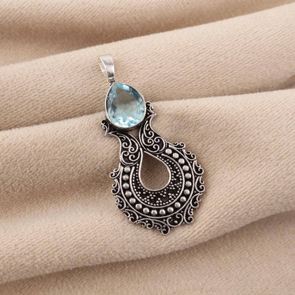 Sky Blue Topaz Gemstone 925 Sterling Silver Jewelry Women Oxidize Pendant 1.8" For Mother's Day Gift CP-45-9