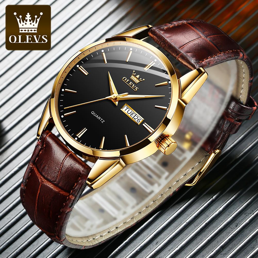 OLEVS 6898 Luxury Quartz Movement Watch for Men Sports Shock-resistant Calendar Leather Luminous Waterproof Mens Wristwatches