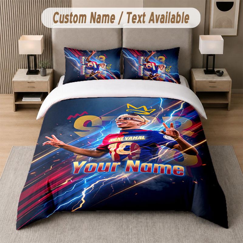 Custom Bedding Set Lamine Yamal Pattern, Print Name Text 1 Duvet Cover Plus 2 Pillowcases Home Textile