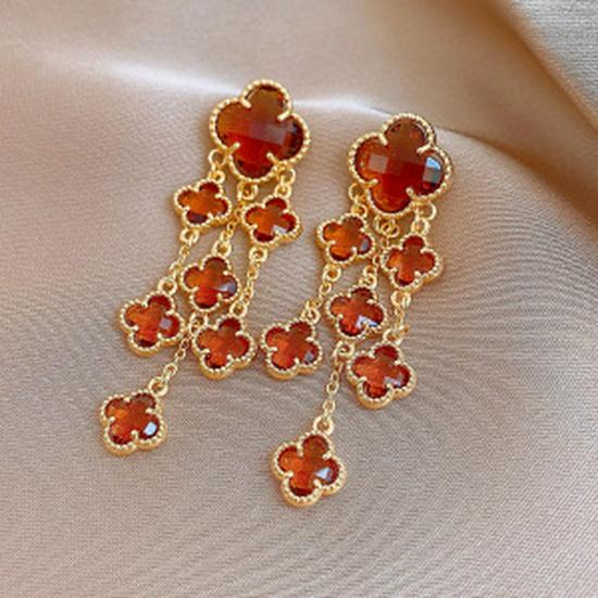 18k Gold-Plated Tassel Earring with Glass Flower - High-End Court Style