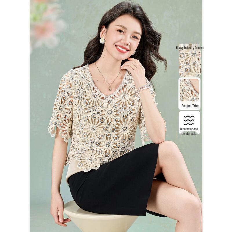 Elegant V-Neck Beaded Sequin Blouse L