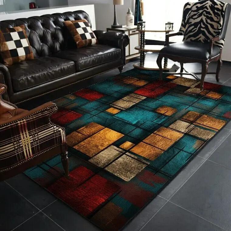 Alfombras Geométricas Abstractas Nórdicas para Sala de Estar Decoración de Felpa Hogar Retro Antideslizante Alfombra de Piso Lavable Alfombras para Dormitorio Vestidor