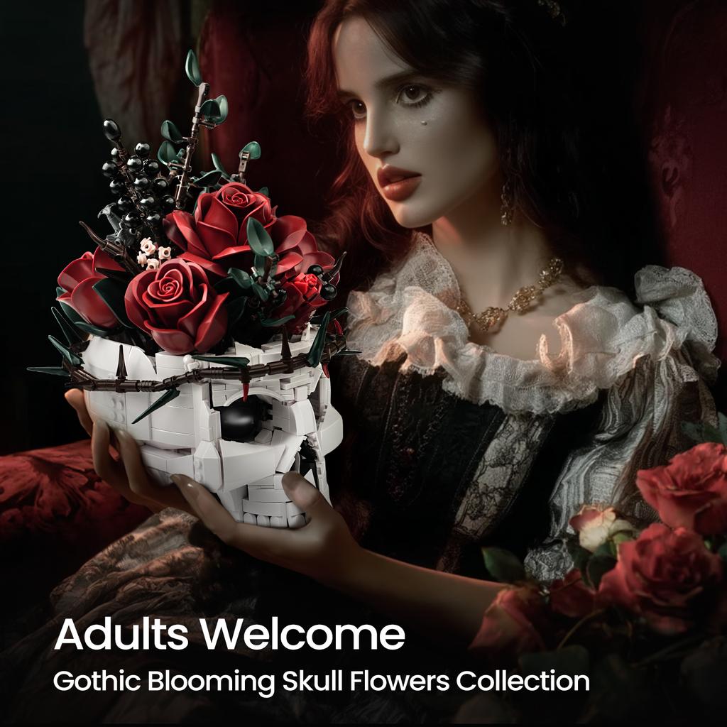 Gothic Skull Rose Bouquet Building Blocks Set Skeleton Flower Pot Bricks Toy Adult Home Decor Horror Aesthetic Gift