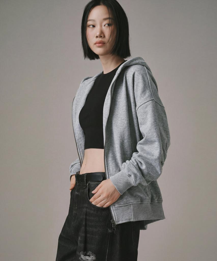 Verdnt Two-Way Metal Zipper Sweat Hoodie Zip-Up [Grey]