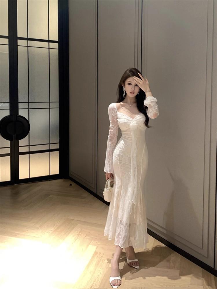 2026 French 3D Floral Ribbon Long Sleeve Lace Slimming Fishtail Formal Dress for Women