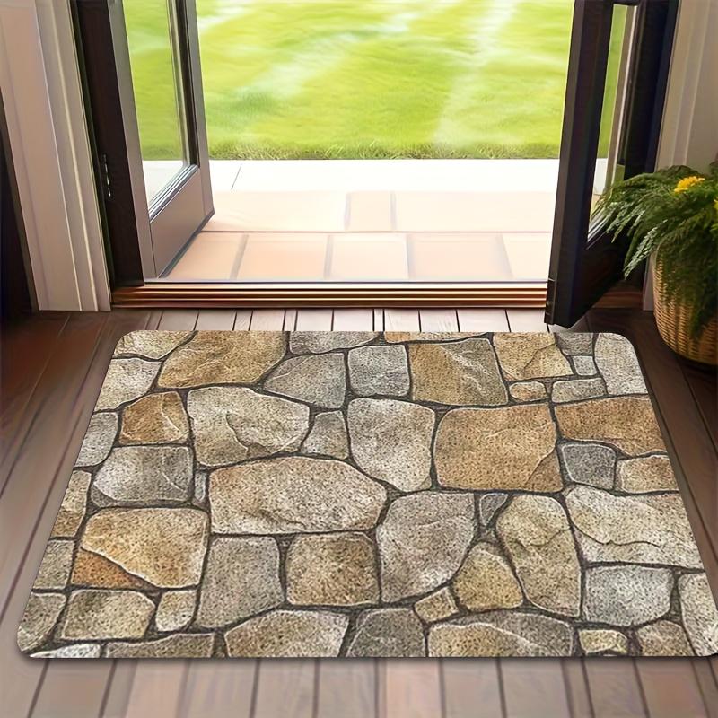 Willkommensmatte mit Naturstein-Textur, Rutschfeste Fußmatte mit rustikalem Kieselmuster, Waschbarer Boho-Eingangsteppich für Garten, Terrasse, Wohnmobil