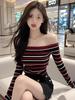 Tshirt Oversize Oneword Collar Long Sleeve With Embroidery For Spring Style