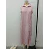 New European American Women Casual Striped Stand Collar Sleeveless Slit Maxi Long Dress Vacation Style