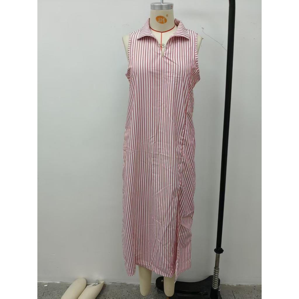 New European American Women Casual Striped Stand Collar Sleeveless Slit Maxi Long Dress Vacation Style