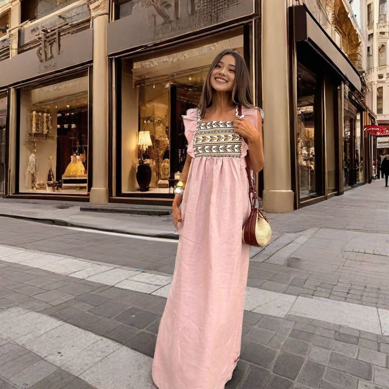 

Женское платье с квадратным воротником и рукавами-крылышками, модное платье для пригородных поездок в сочетании цветов для женщин XL розовый