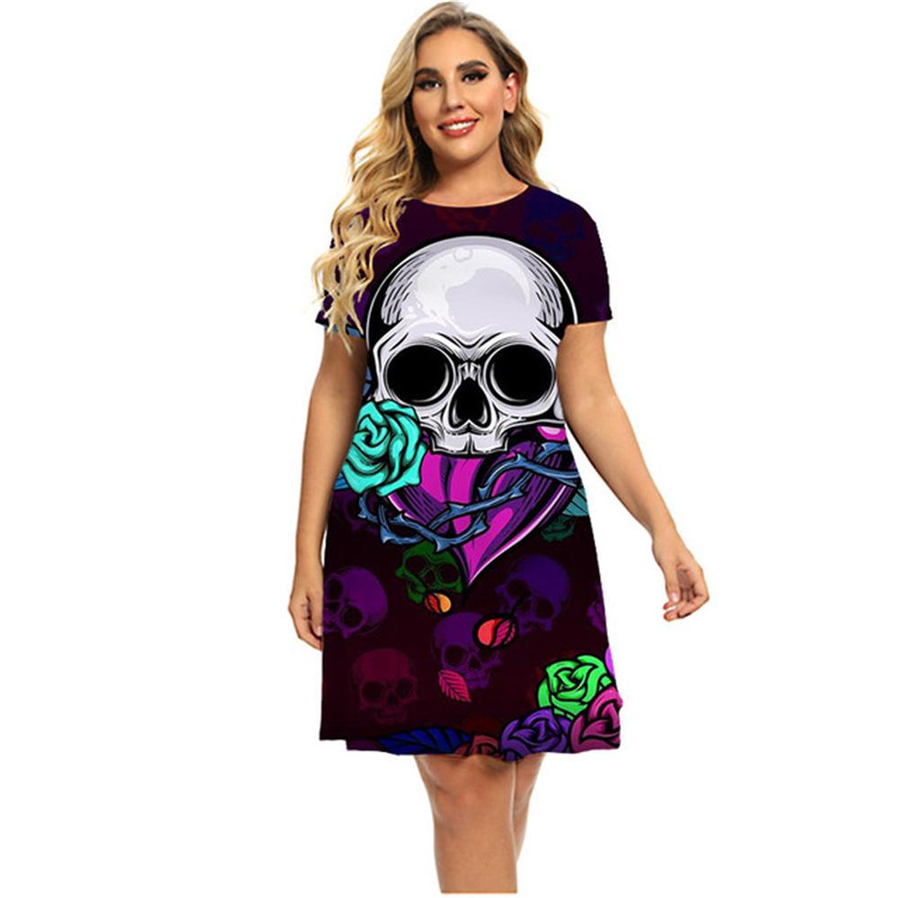 Slim Women's Dress Short Sleeve Skull Digital 3D Print Fashion V-Neck Women Clothes Summer Sexy Solid Color Casual A-line Dress