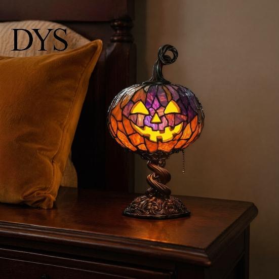 Resin Lamp for Bedroom Stained Glass Halloween Pumpkin Table Lamp, USB Powered Night Light with Dark Academia Desk Decor Warm Glow, Gothic Desktop