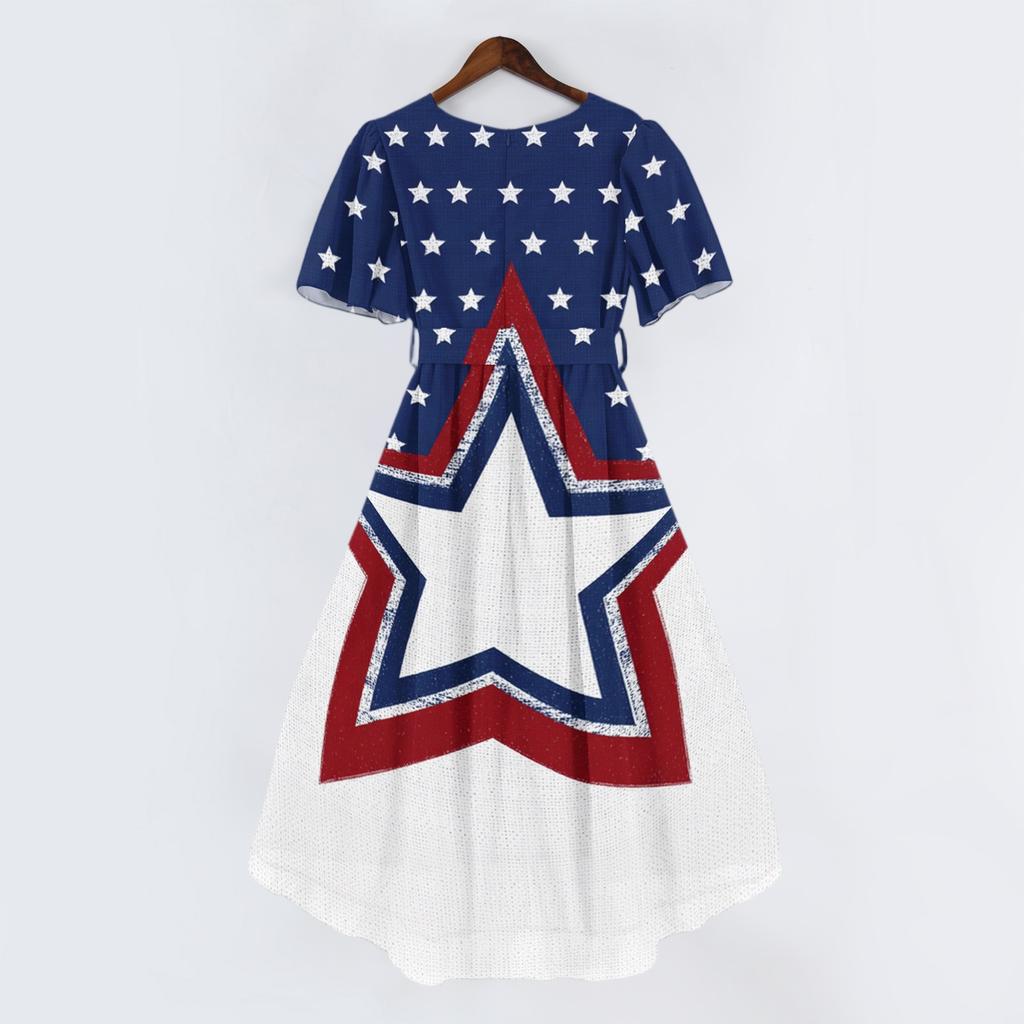 Women's Casual V Neck Short Sleeve Dress Independence Day Print Floral Pattern Knee Length Summer Dress