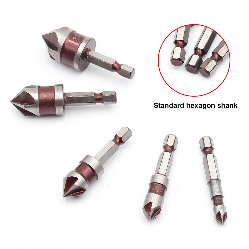 5PC Hexagonal Shank British Five Edge Red Chamferer 1/4-3/4 Countersink Drill Deburring and Hole Opening Tool